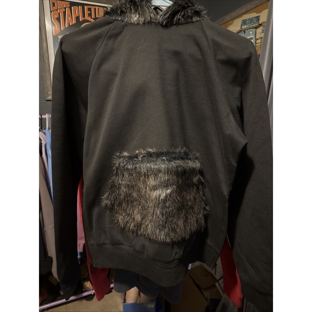 Riflessi Black Hoodie Faux Fur Trim Hood & Pocket Zipper Sides NWT Men's XL